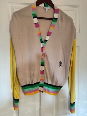 Escada Cream Cardigan with Yellow Sleeves & Multicolor Stripe Trim